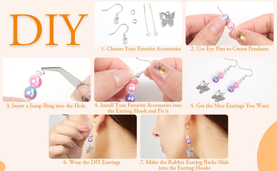 Collage showing steps to make DIY earrings with beads and butterfly charms.
