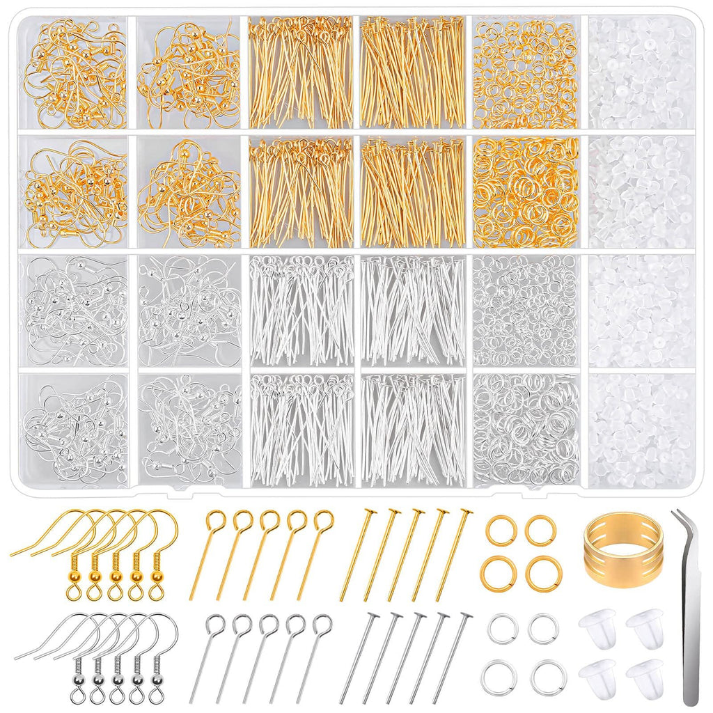 Earring making kit with gold and silver findings, including hooks, pins, jump rings, and earring backs.