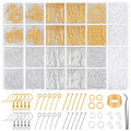 Earring making kit with gold and silver findings, including hooks, pins, jump rings, and earring backs.