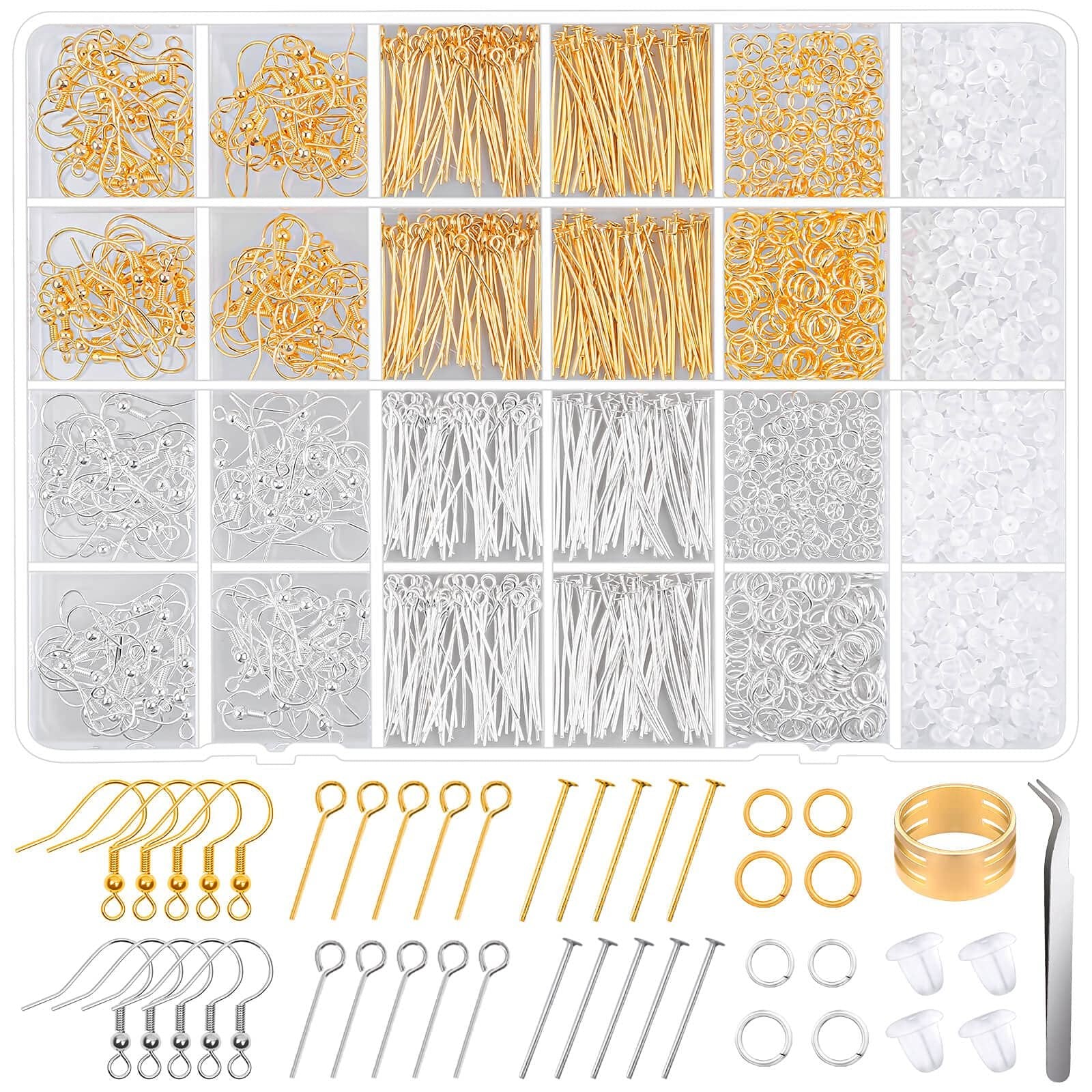 Earring making kit with gold and silver findings, including hooks, pins, jump rings, and earring backs.