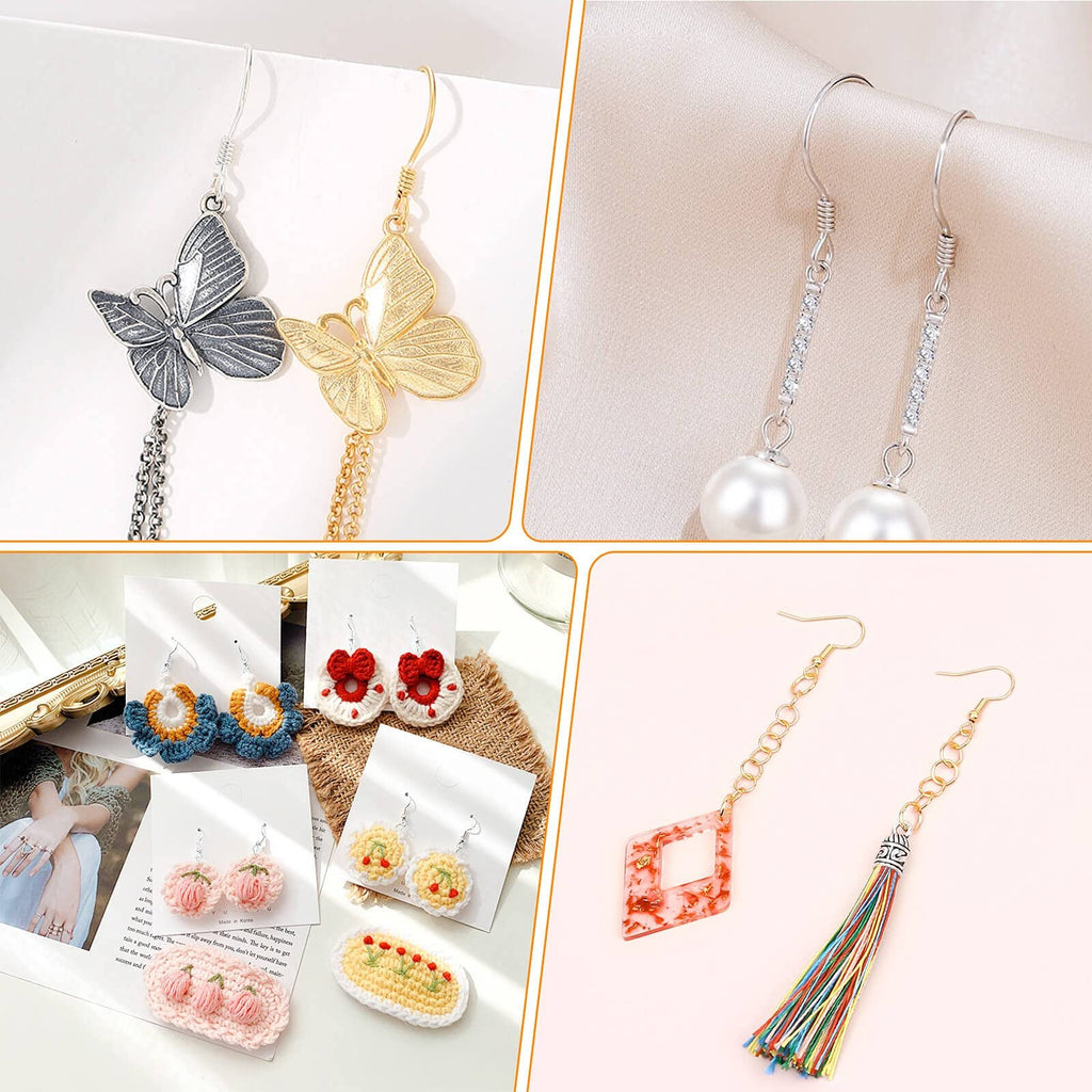 Collage of various handmade earrings including butterfly, pearl, crochet flower, fruit, and tassel designs.