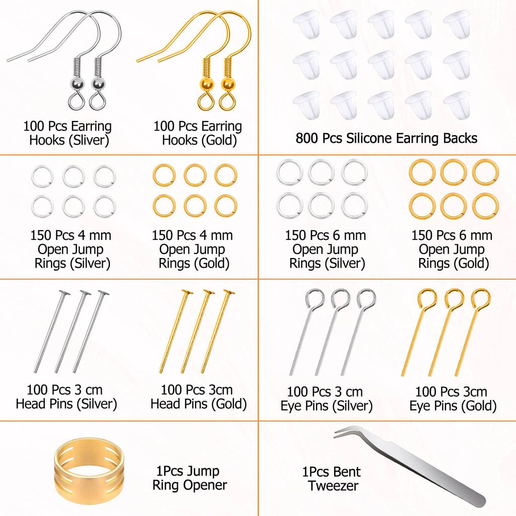 Earring making kit components including hooks, rings, pins, backs, opener, and tweezers, arranged in a grid.