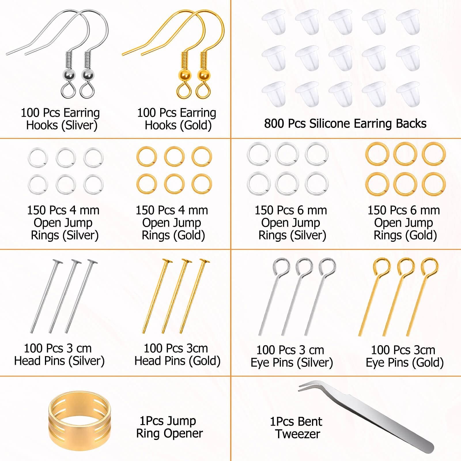 Earring making kit components including hooks, rings, pins, backs, opener, and tweezers, arranged in a grid.