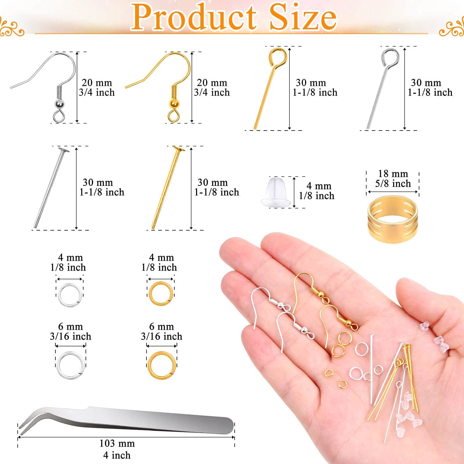 Hand holding various earring making findings including hooks, pins, jump rings, and ear nuts, with size callouts for each component.