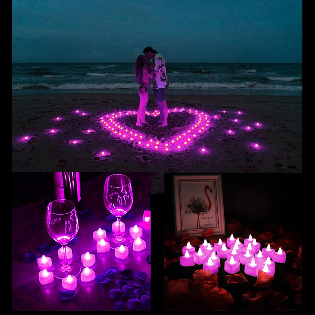 Couple kissing on a beach at night, surrounded by a heart shape made of LED tea lights and rose petals.