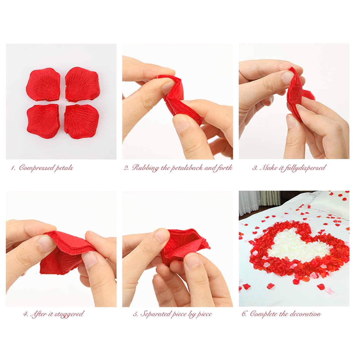 Collage showing steps to separate silk rose petals and decorate a bed with them in a heart shape.