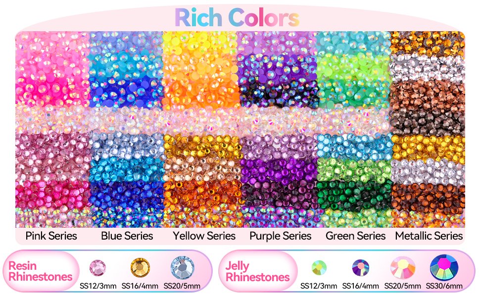Assortment of colorful resin rhinestones in various sizes and series, including pink, blue, yellow, purple, green, and metallic.