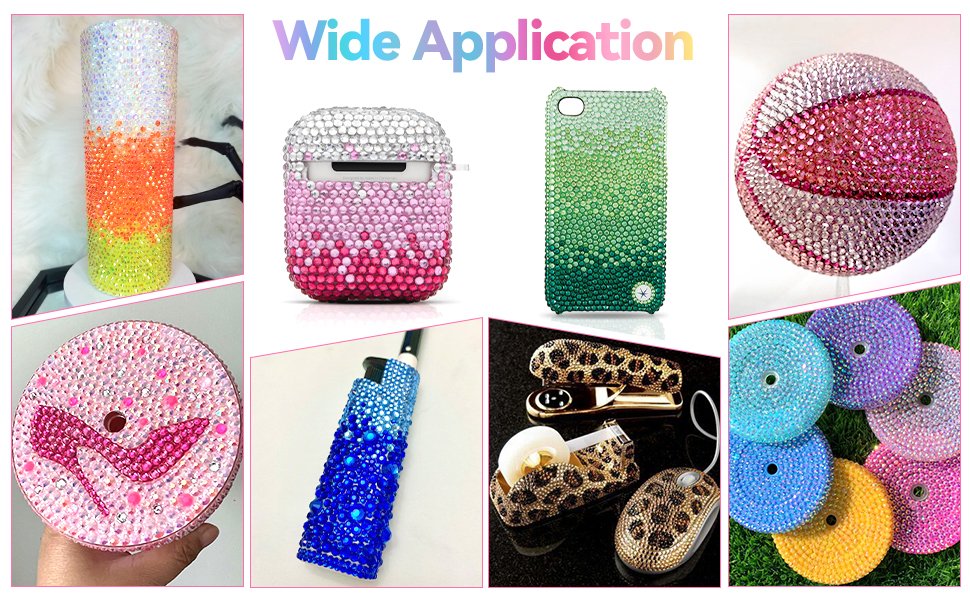 Collage of various items bedazzled with pink and other colored rhinestones, including a tumbler, AirPods case, phone case, basketball, cup lid, lighter, stapler, tape dispenser, mouse, and coasters.