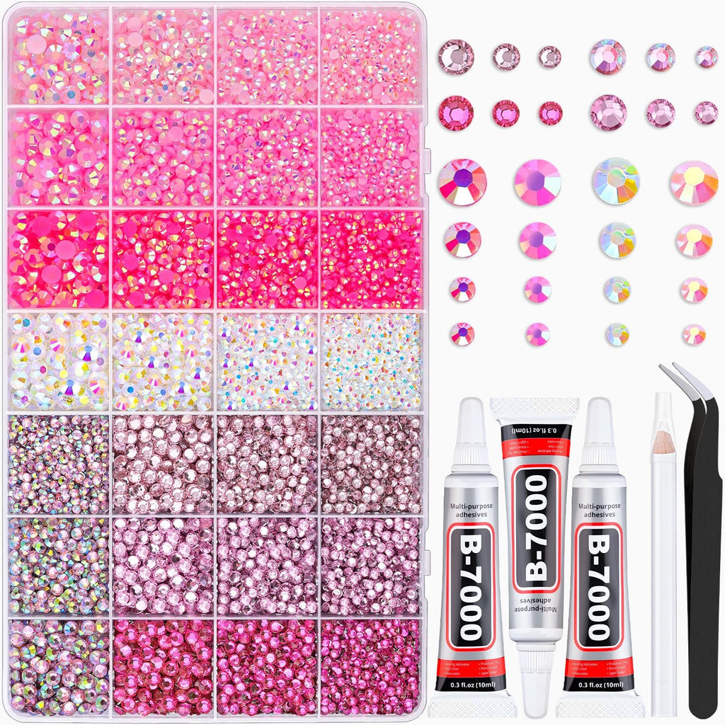 Pink resin rhinestones in a divided container with three tubes of B-7000 adhesive glue, tweezers, and a pickup pen.