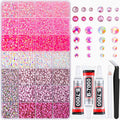 Pink resin rhinestones in a divided container with three tubes of B-7000 adhesive glue, tweezers, and a pickup pen.