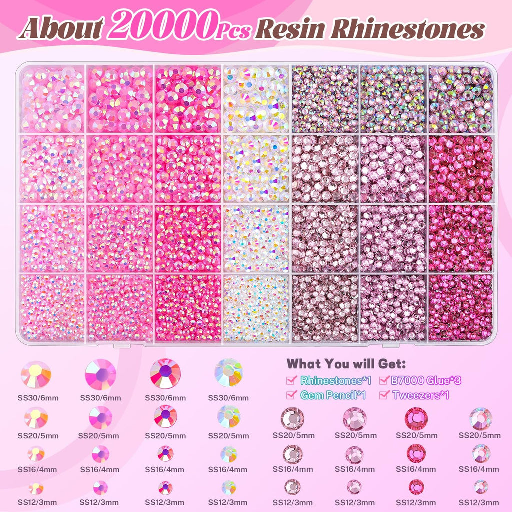 Pink resin rhinestones in various sizes and shades, displayed in compartments and with individual size examples. Includes a 'What You Will Get' section listing kit contents.