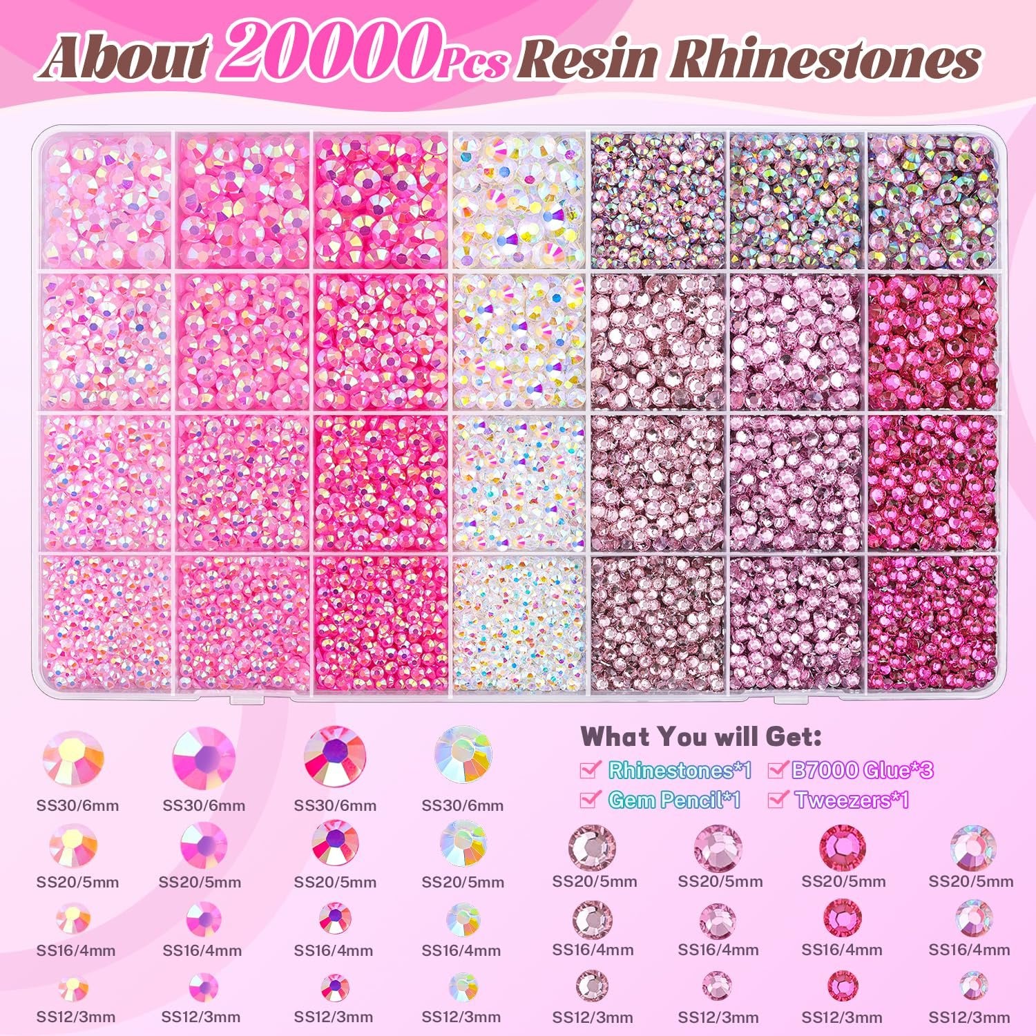 Pink resin rhinestones in various sizes and shades, displayed in compartments and with individual size examples. Includes a 'What You Will Get' section listing kit contents.