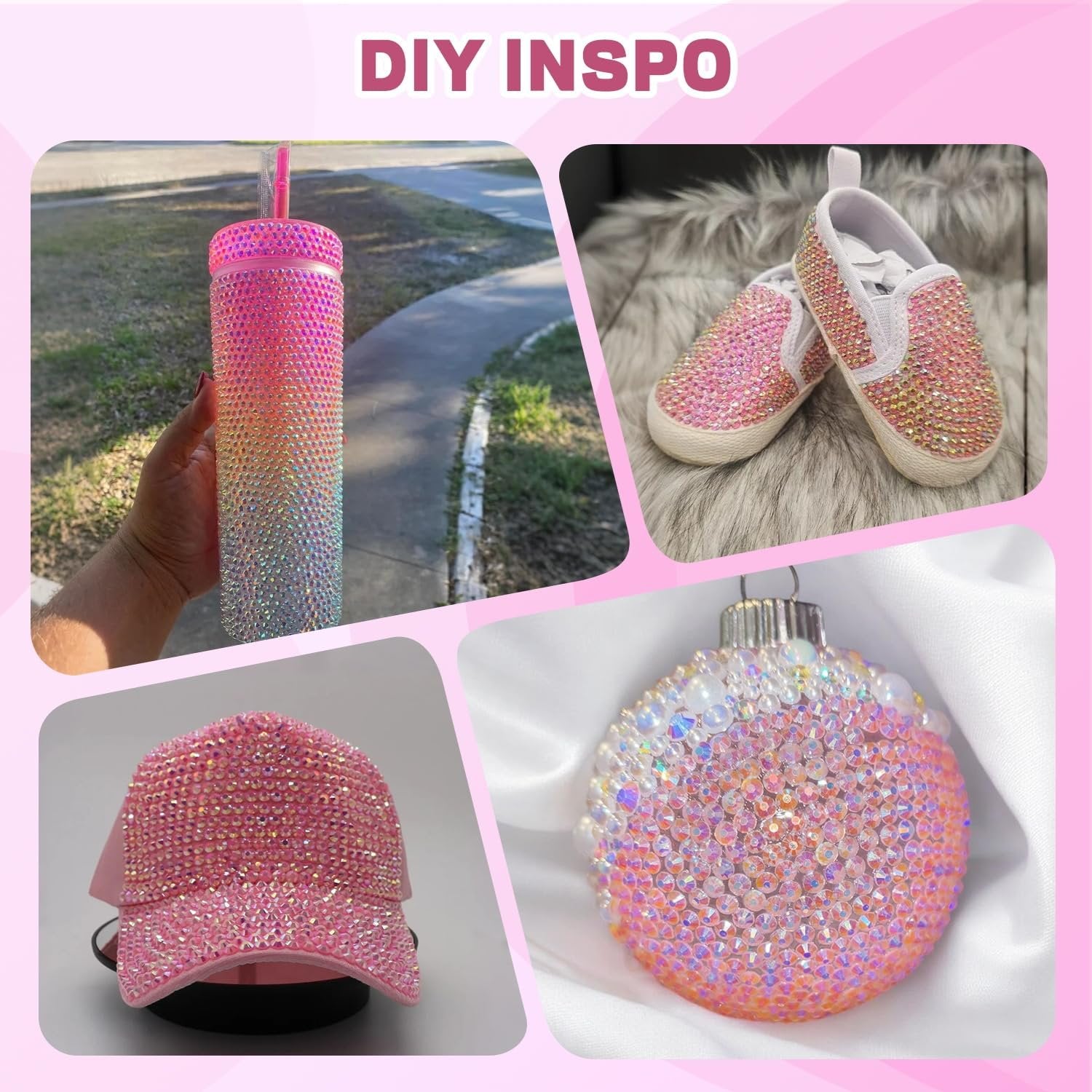Collage of four items bedazzled with pink and iridescent rhinestones: a tumbler, baby shoes, a baseball cap, and a Christmas ornament.