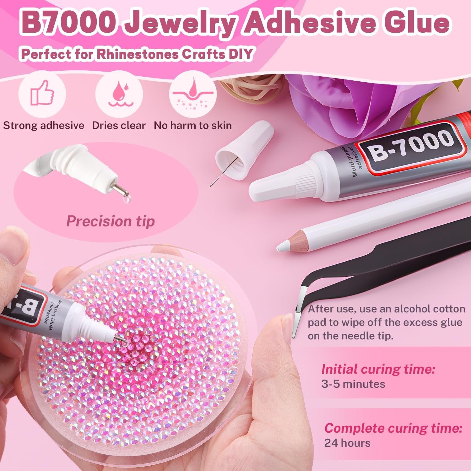 Close-up of a hand applying B-7000 adhesive glue to pink rhinestones on a clear surface, with tweezers and pencil nearby.