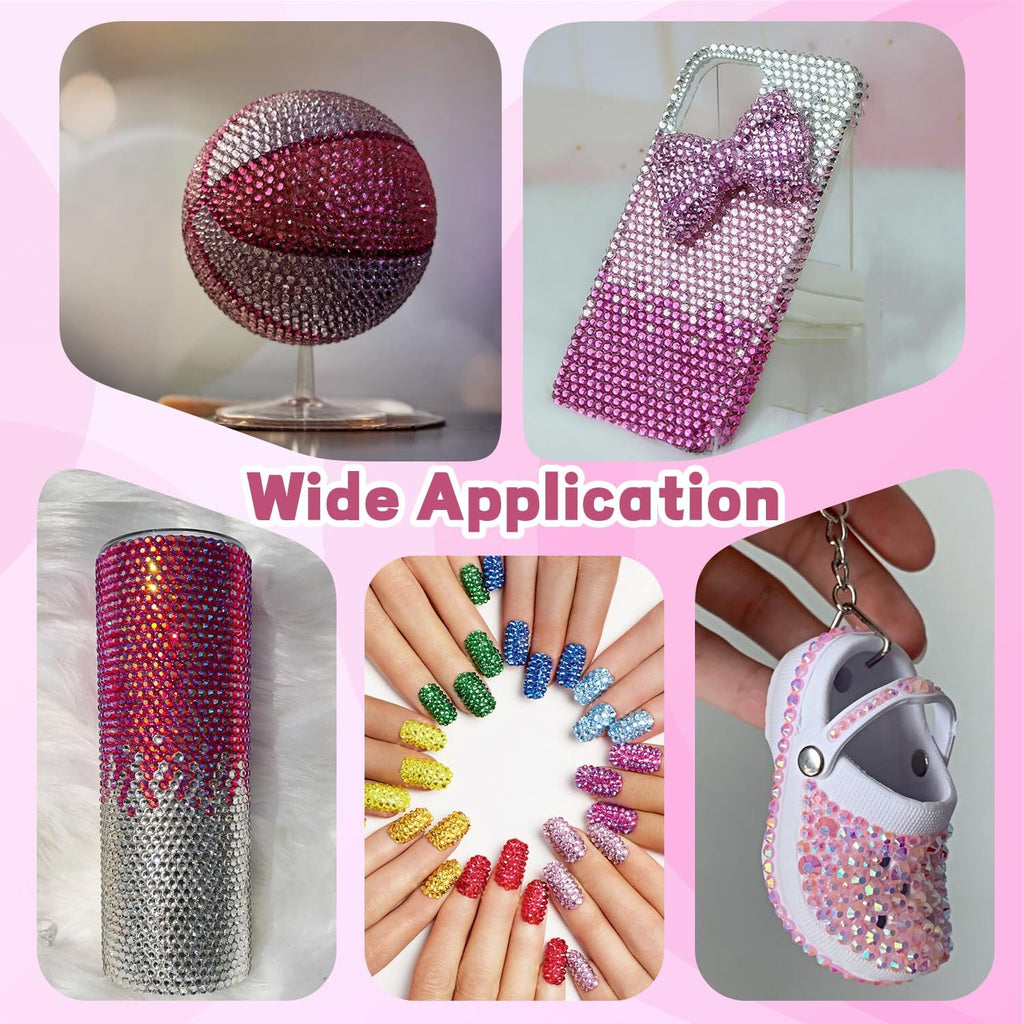 Collage of items decorated with pink and silver rhinestones: basketball, phone case, tumbler, fingernails, and a shoe keychain.