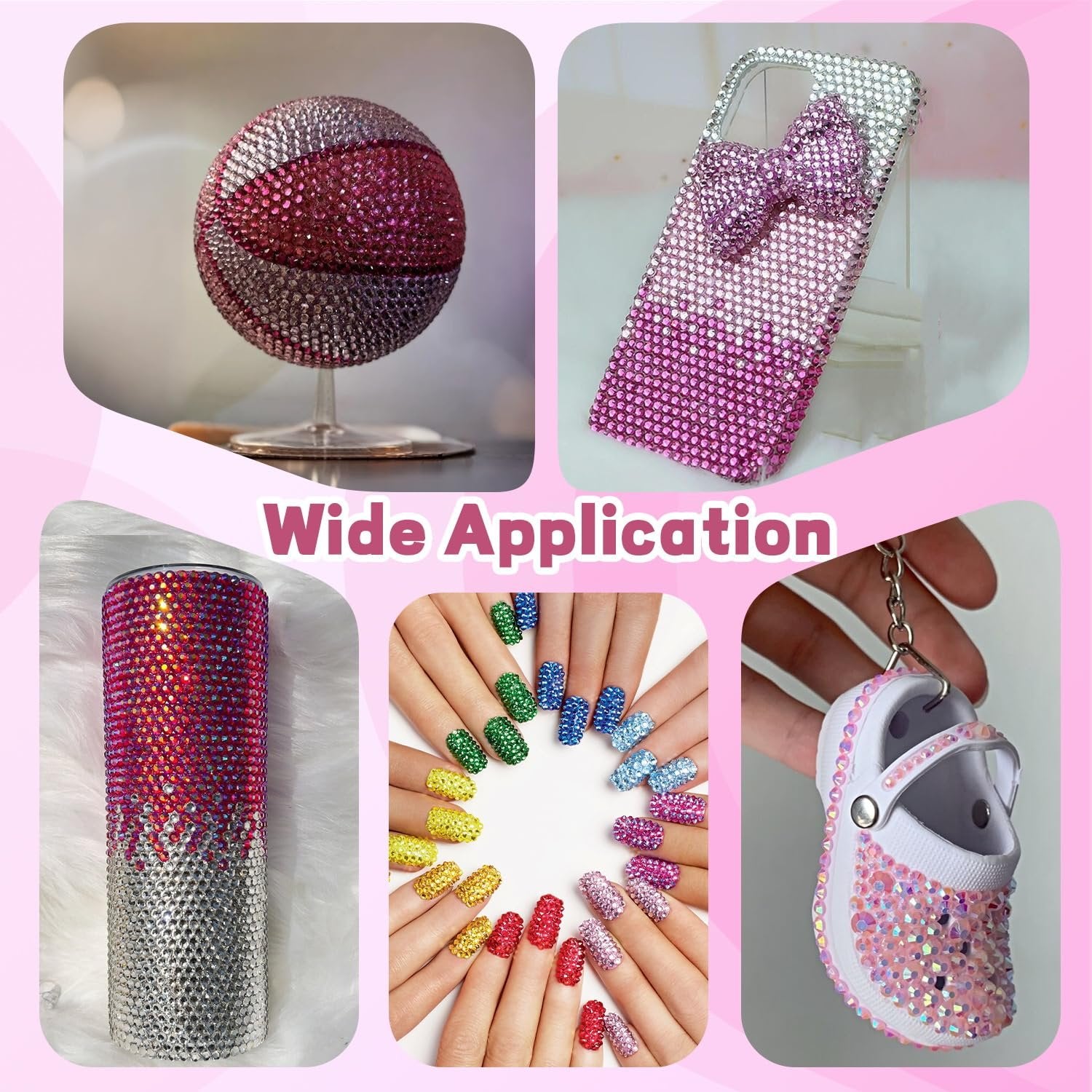 Collage of items decorated with pink and silver rhinestones: basketball, phone case, tumbler, fingernails, and a shoe keychain.