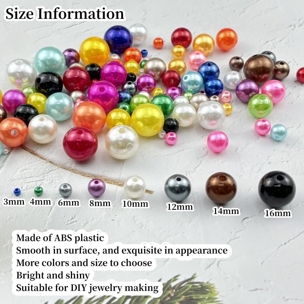 Assortment of colorful resin pearl beads with size information and descriptive text.