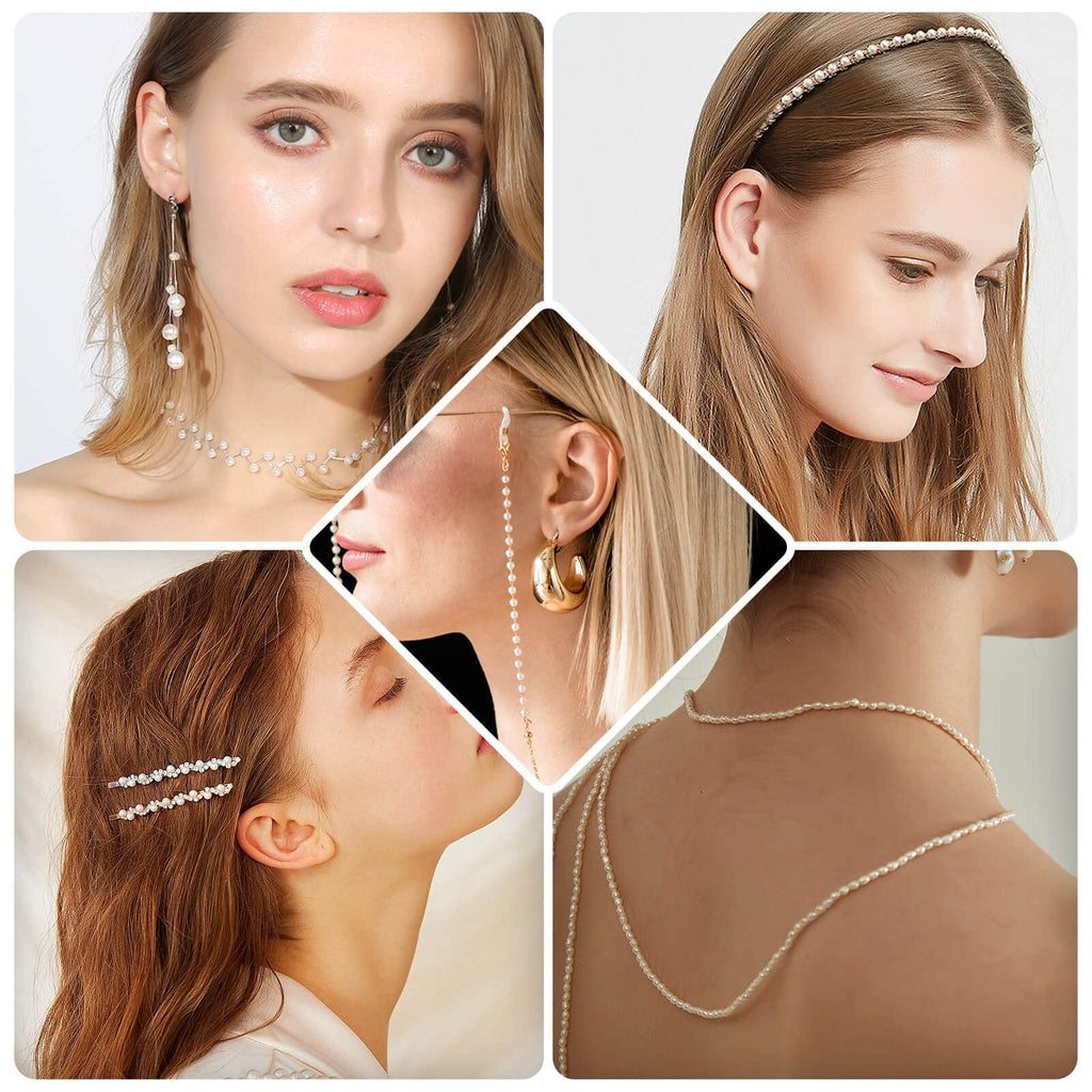Collage of women wearing pearl jewelry including earrings, necklaces, a headband, and hairpins.