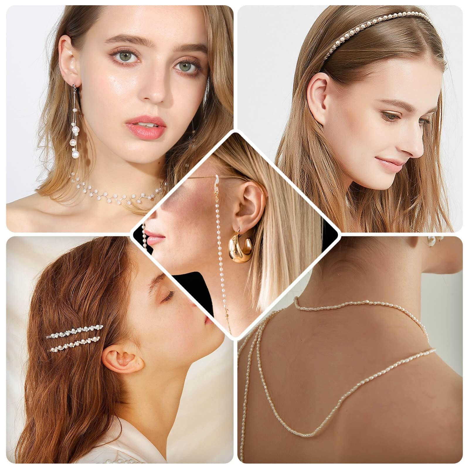 Collage of women wearing pearl jewelry including earrings, necklaces, a headband, and hairpins.
