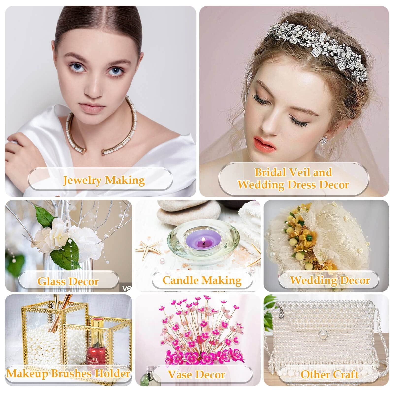 Collage of lifestyle images showing various craft and decor applications for pearl beads, including jewelry making, bridal accessories, glass decor, candle making, makeup brush holders, vase decor, and beaded bags.