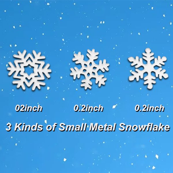 Three white metal snowflakes with different designs on a blue background with falling snow