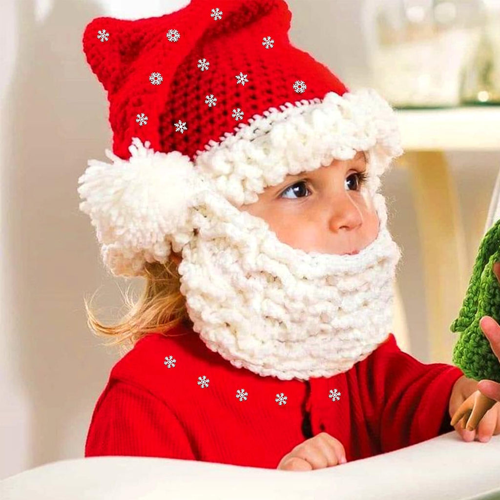 Child wearing a red Santa hat with white trim and a knitted beard, looking to the side.