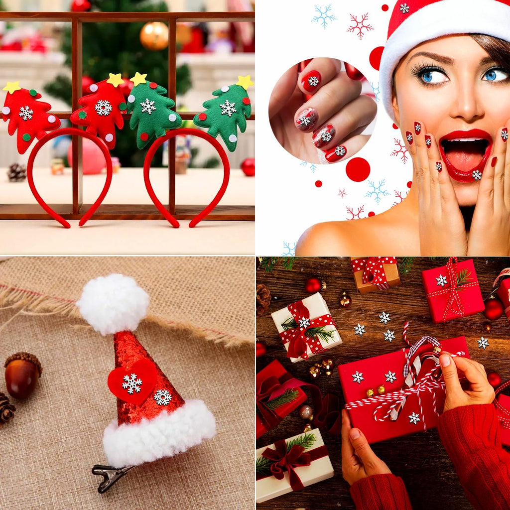 Collage of Christmas crafts and decorations featuring mini metal snowflakes on headbands, a hat clip, nails, and gift wrapping.
