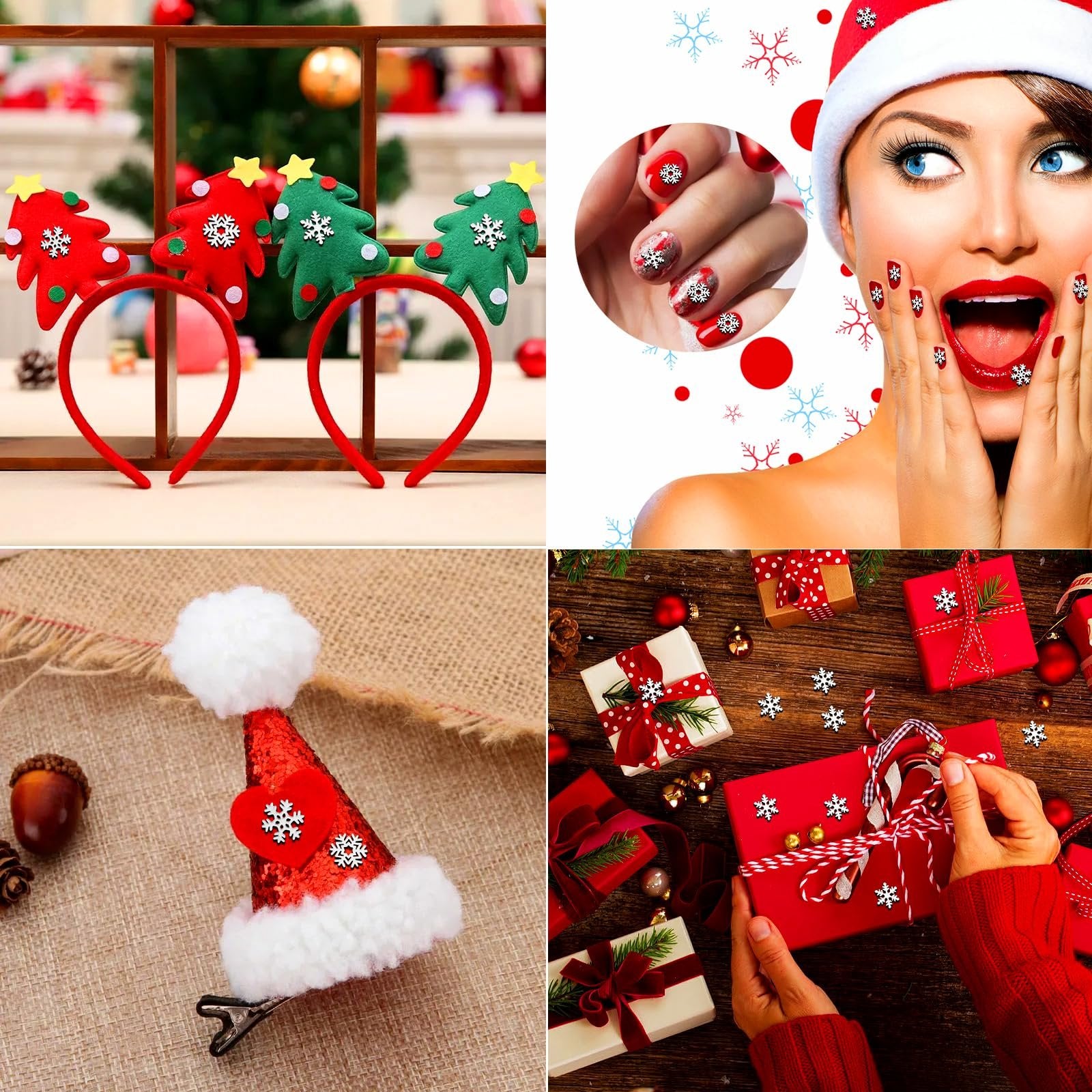 Collage of Christmas crafts and decorations featuring mini metal snowflakes on headbands, a hat clip, nails, and gift wrapping.