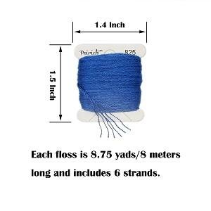 Single spool of blue embroidery floss with dimensions and length/strand count information overlaid.