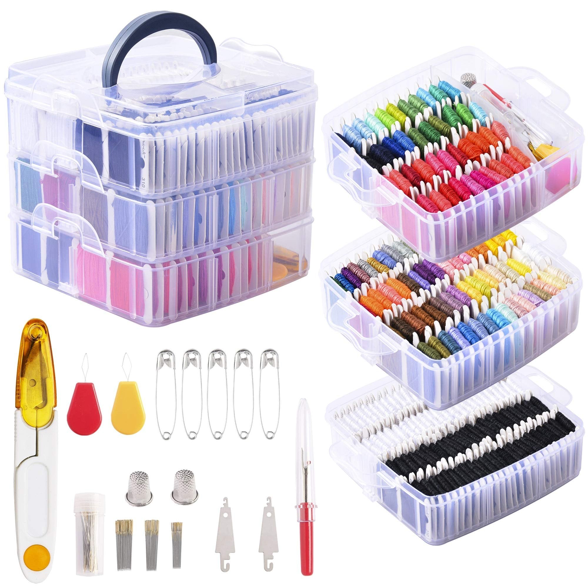 Embroidery floss kit with organizer box, showing multiple spools of colorful thread and sewing accessories like needles and thimbles.