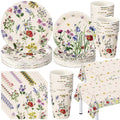 Wildflower party tableware set including plates, napkins, cups, and tablecloths arranged on a white background.