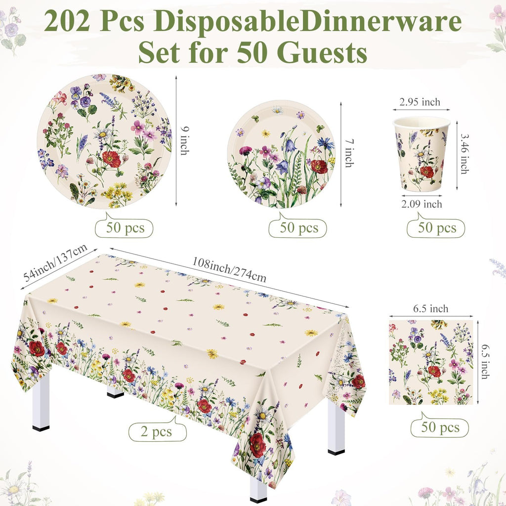 Wildflower party tableware set for 50 guests, including 9-inch plates, 7-inch plates, cups, and tablecloths, with dimensions shown.