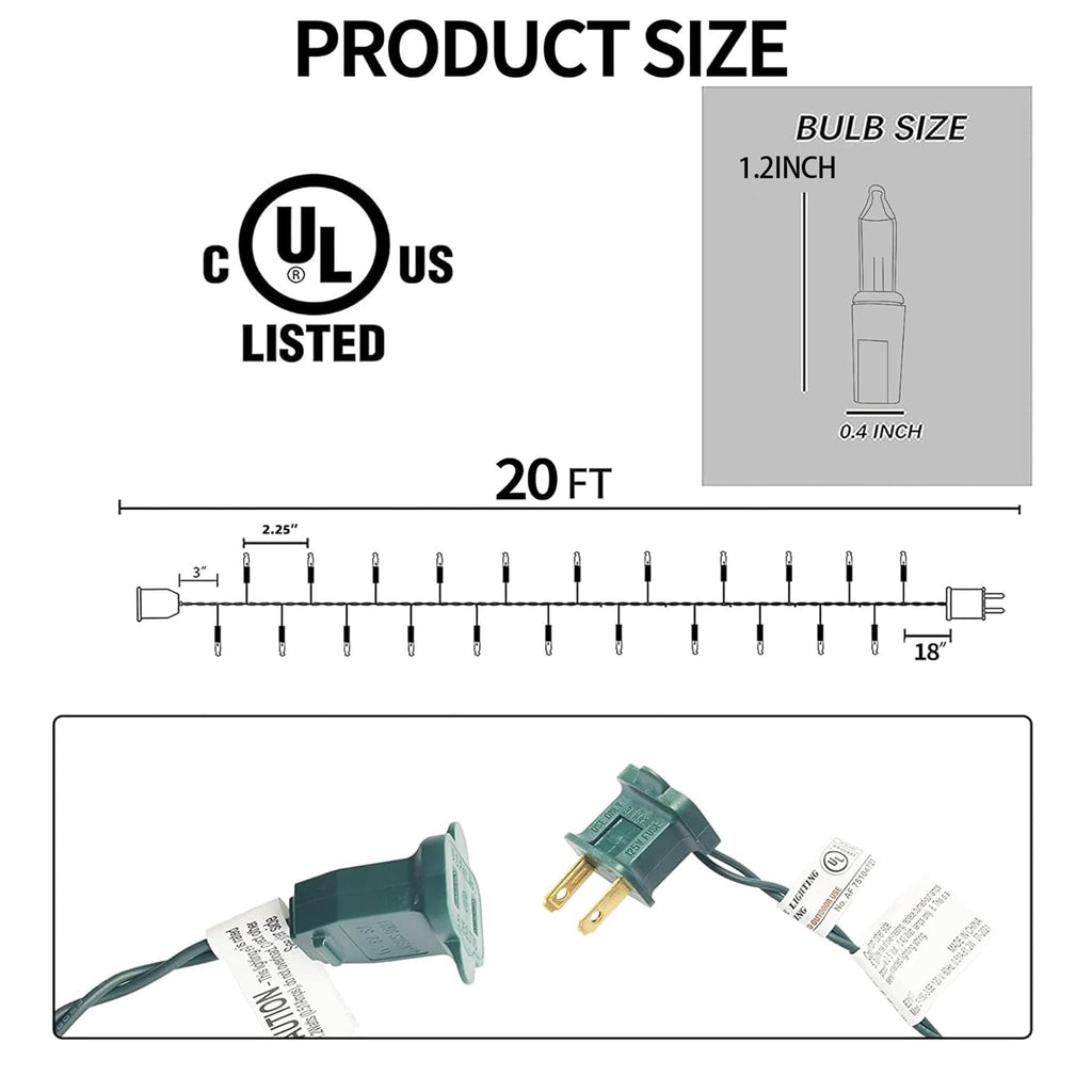 Diagram showing dimensions and components of a 20ft string of multi-colored incandescent mini lights with green wire.