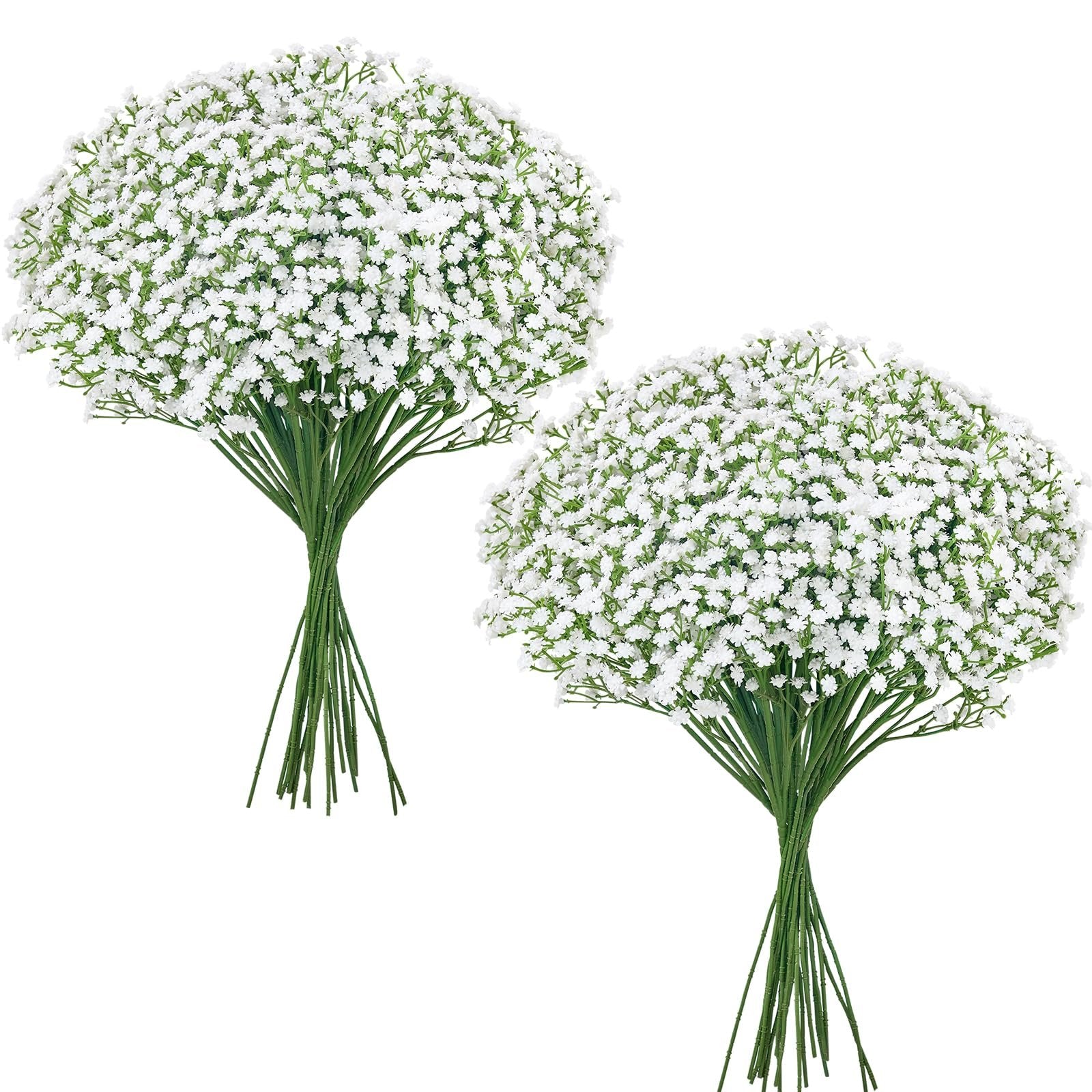 Two bouquets of artificial white baby's breath flowers with green stems tied together