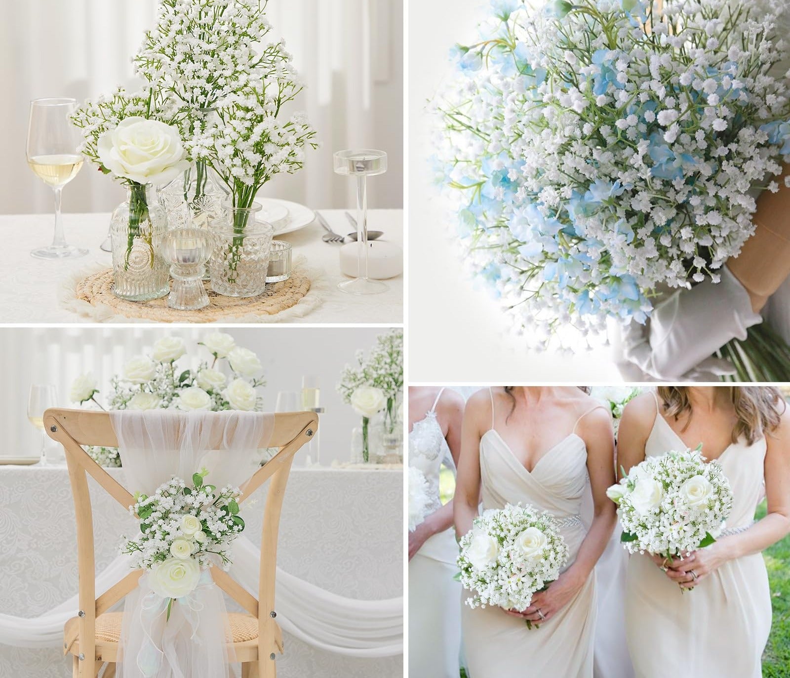 Collage of artificial baby's breath flower arrangements for weddings, including table decor and bouquets.