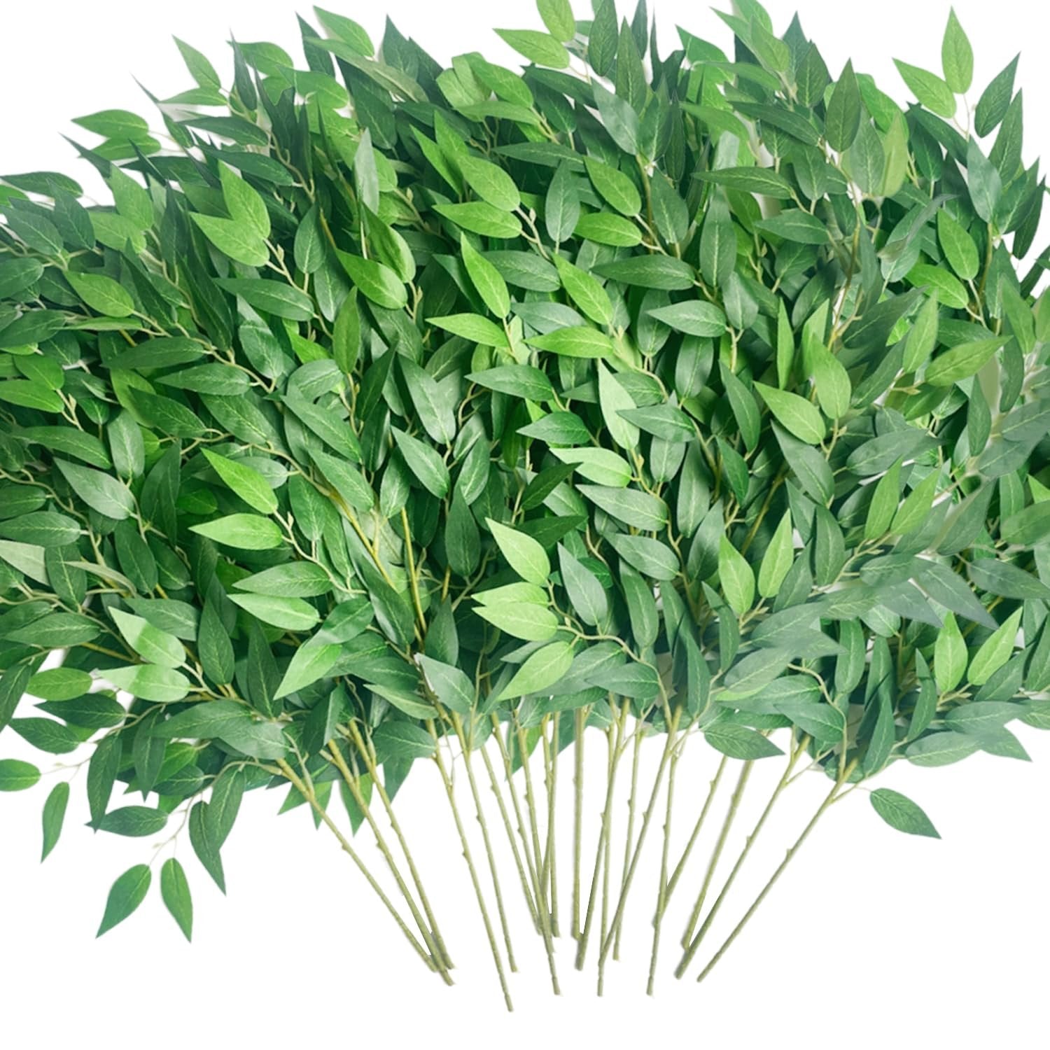 Bundle of artificial Italian Ruscus greenery stems with green silk leaves on white background