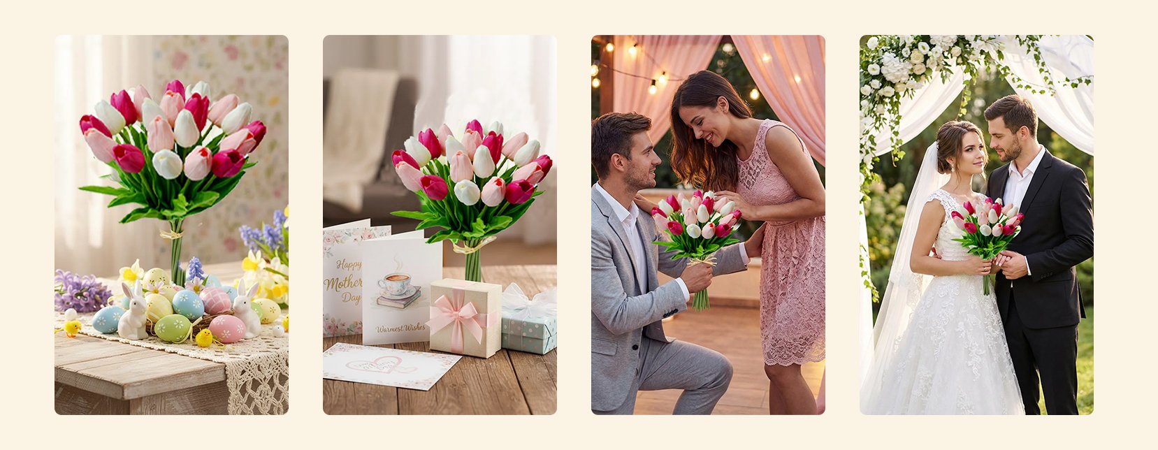 Collage of artificial tulips in pink and white shades, displayed in various settings including Easter decor, Mother's Day gifts, a proposal, and a wedding.