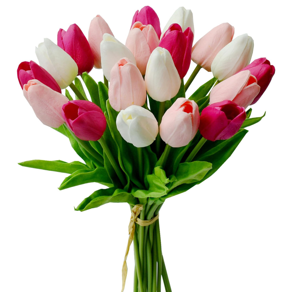 Bouquet of 20 artificial tulips in shades of pink, white, and fuchsia, tied with raffia at the stems.