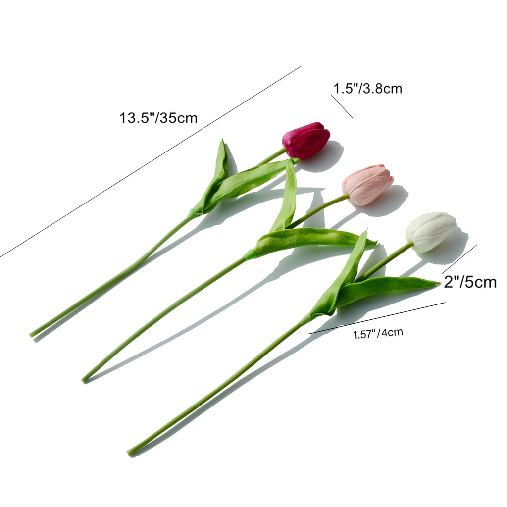 Three artificial tulips in shades of pink and white, with dimensions indicated by overlaid text.