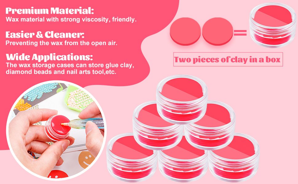 Diamond art wax refills in clear plastic containers, one being used with a tool, and a stack of containers.