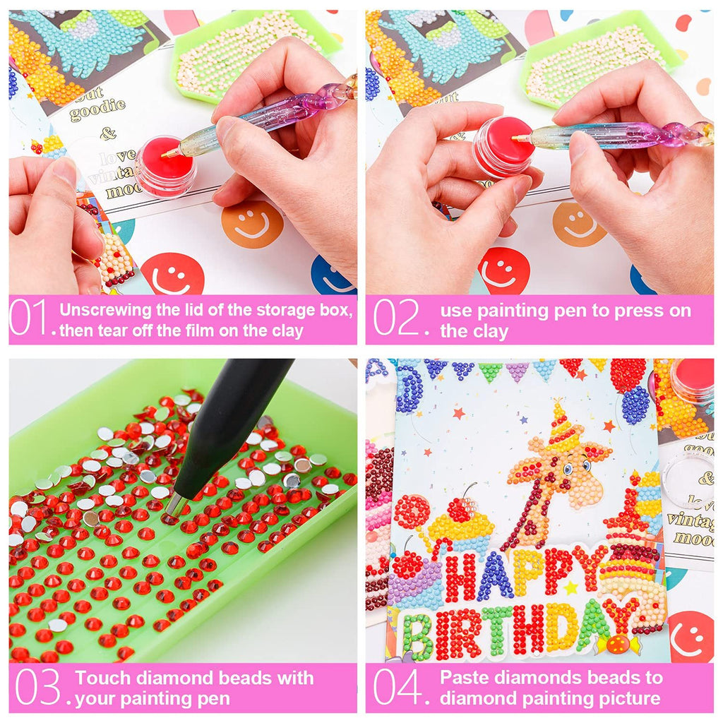 Collage showing four steps of diamond painting: applying wax to a pen, picking up diamond beads, and pasting them onto a 'Happy Birthday' picture with a giraffe.