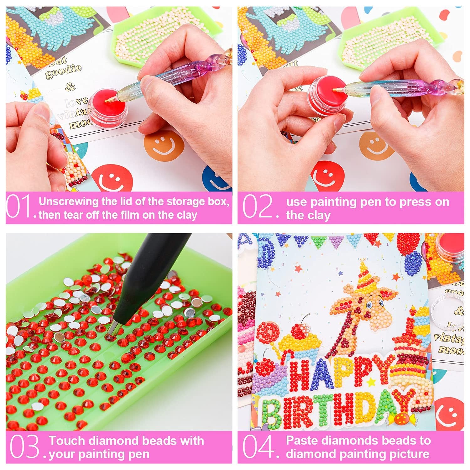 Collage showing four steps of diamond painting: applying wax to a pen, picking up diamond beads, and pasting them onto a 'Happy Birthday' picture with a giraffe.