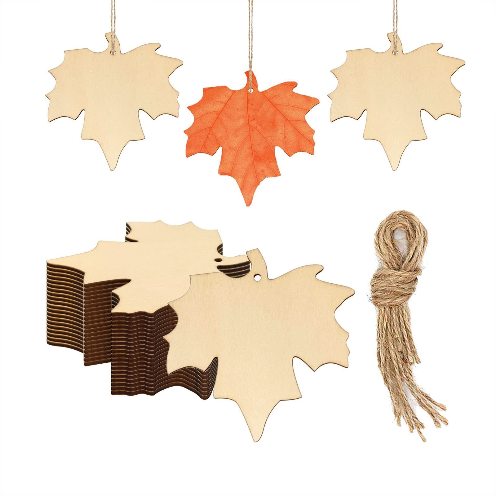 Maple leaf wood cutouts and hemp rope bundle on white background
