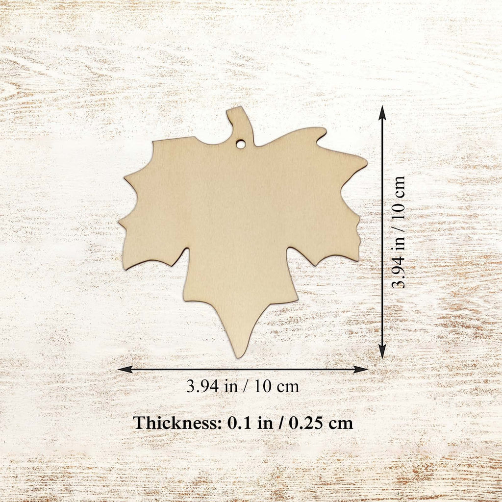 Maple leaf wood cutout showing dimensions and thickness on a light wood background.