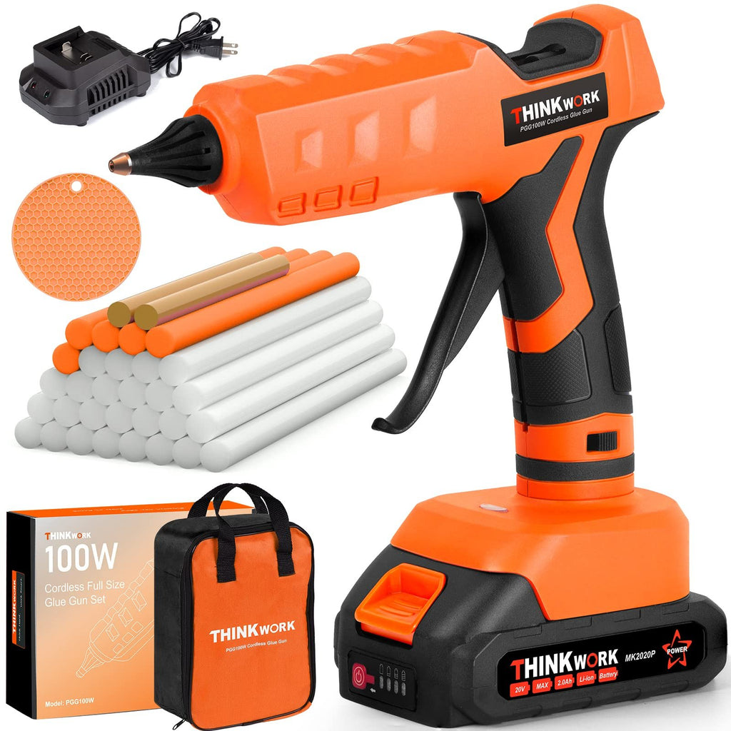 Cordless hot glue gun kit with battery, charger, glue sticks, and carrying bag on a white background.
