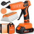 Cordless hot glue gun kit with battery, charger, glue sticks, and carrying bag on a white background.