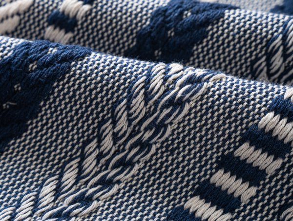 Close-up of navy blue and white woven fabric with textured stripes, likely a pillow cover.