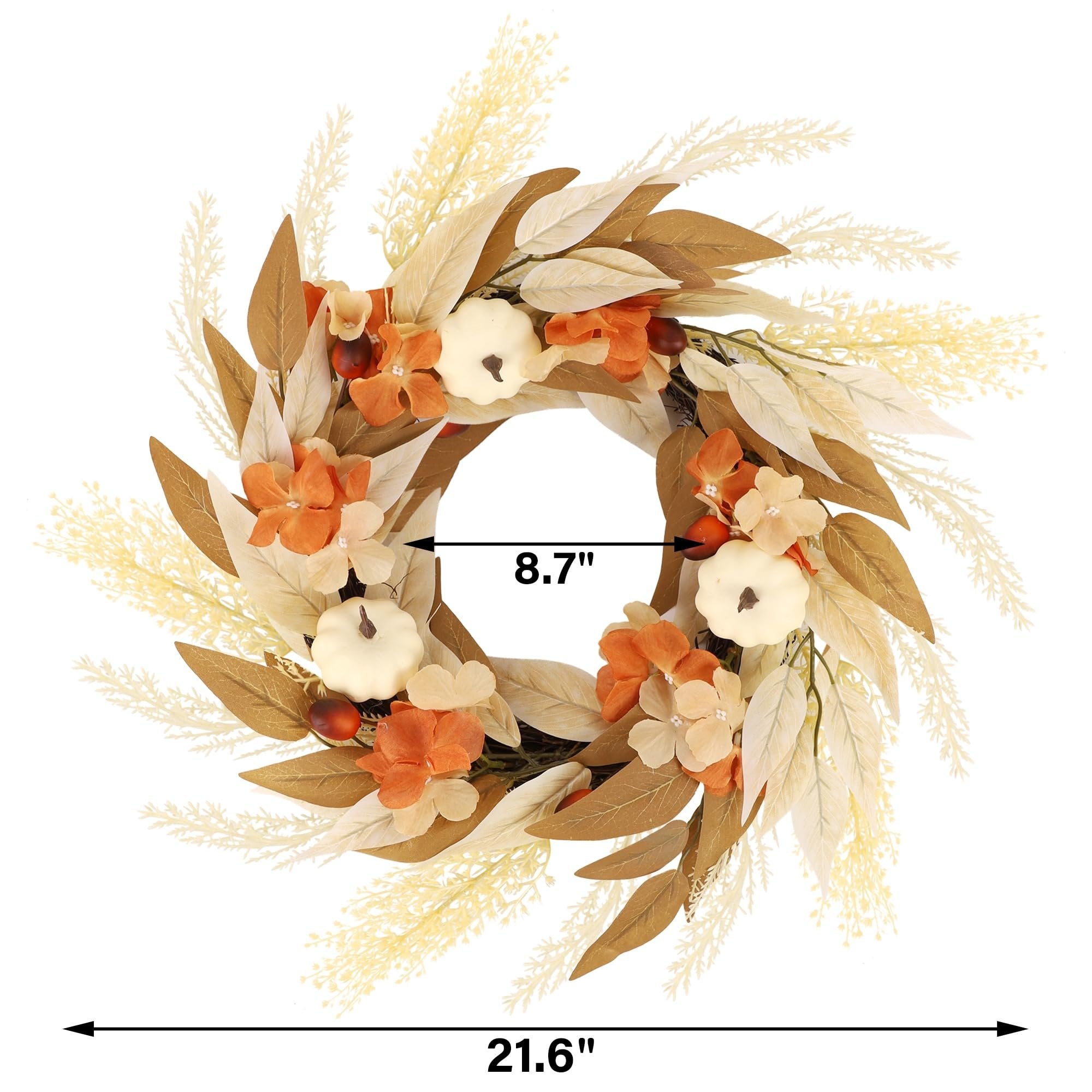Artificial fall wreath with white pumpkins, orange flowers, and autumn leaves, showing dimensions 21.6 inches wide and 8.7 inches inner diameter.