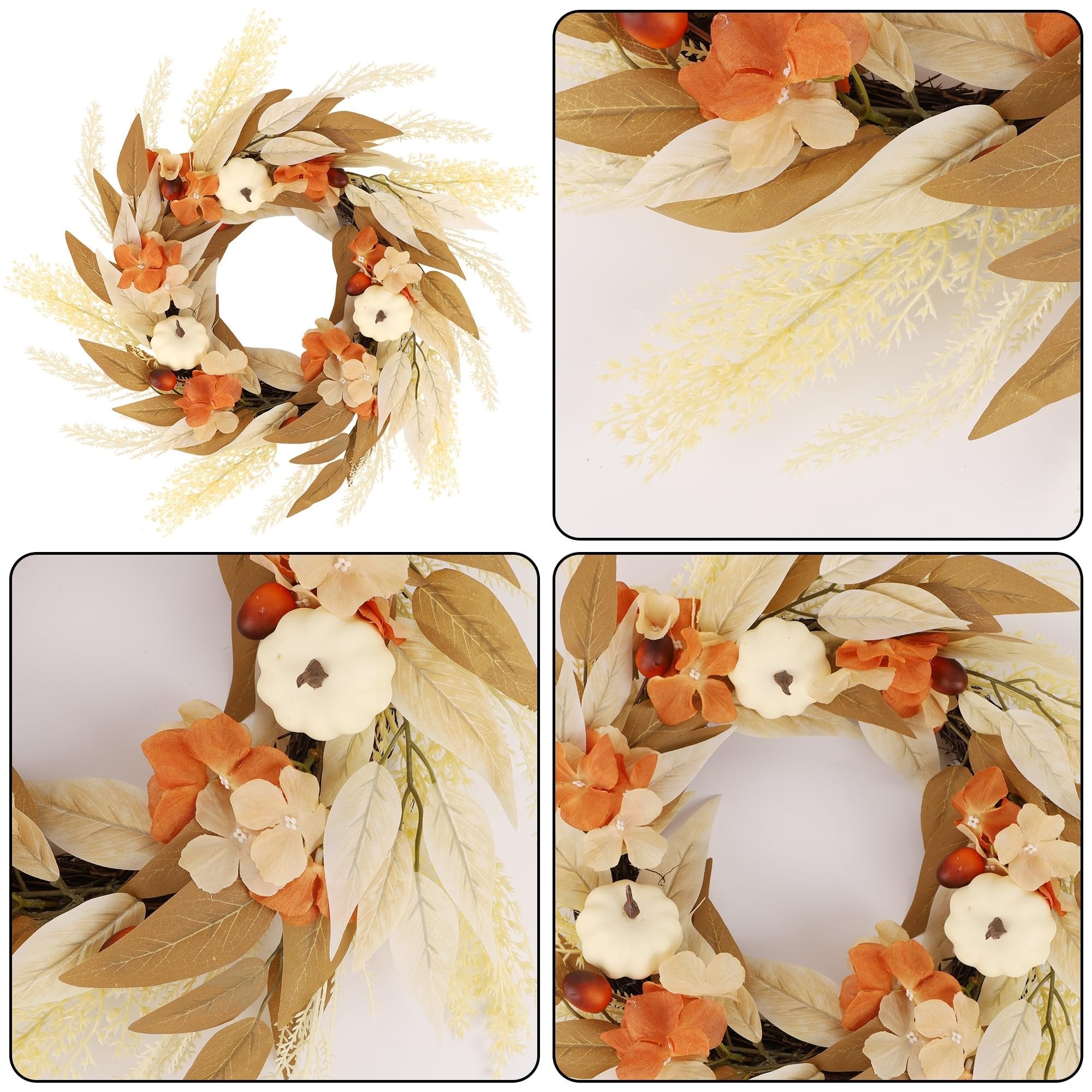 Artificial fall wreath with white pumpkins, orange and yellow leaves, and flowers, shown from multiple angles.
