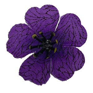 Single purple artificial flower with black center and yellow stamen, fabric petals with dark pattern